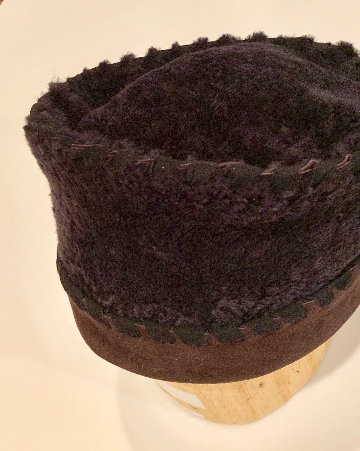Black and Brown shearling leather hat with black leather lashing-warm winter hat-unisex hat-size Medium