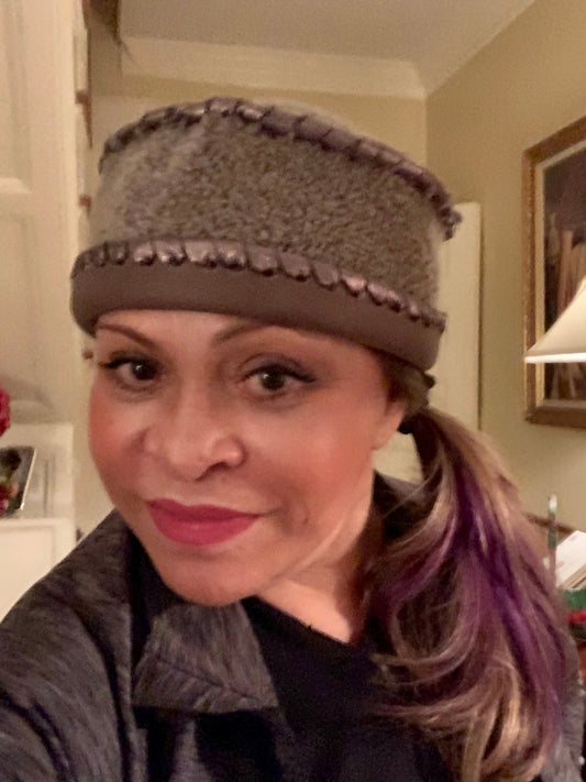 Taupe Shearling Hat with Iridescent taupe Leather Lashing! Very warm and cozy- perfect Gift! Winter Hat for Style and Beauty-Handmade Hat!