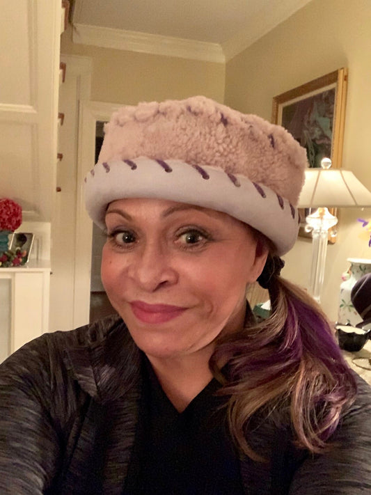Verigated Pink and Grey Shearling Hat-Purple leather lashing-Handmade- Warm-Great Gift- Winter Racetrack Hat- Birthday Gift!Young girls hat!