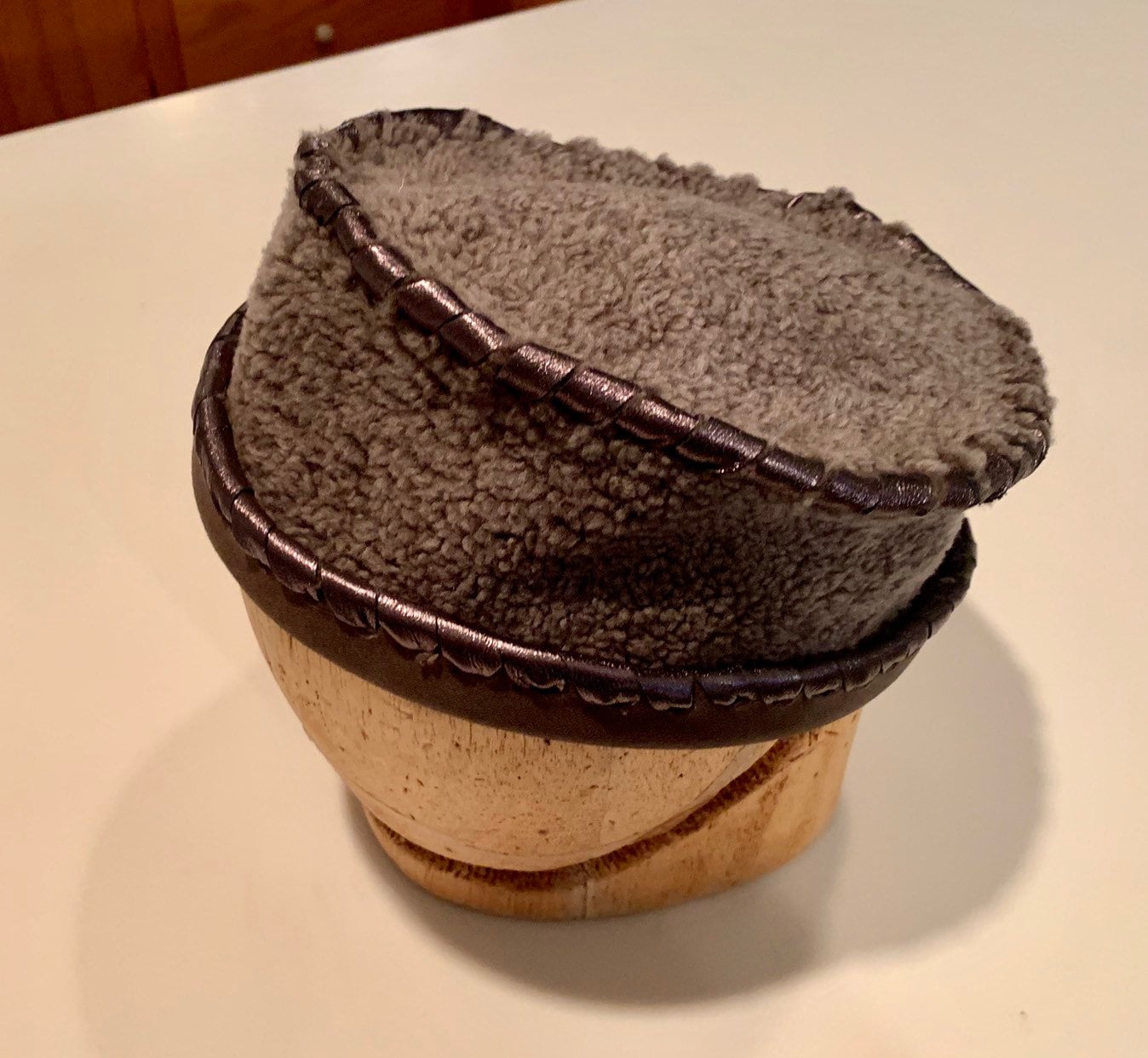 Taupe Shearling Hat with Iridescent taupe Leather Lashing! Very warm and cozy- perfect Gift! Winter Hat for Style and Beauty-Handmade Hat!