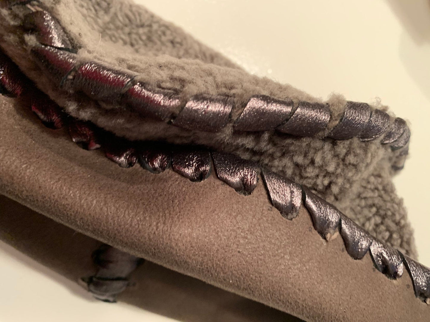 Taupe Shearling Hat with Iridescent taupe Leather Lashing! Very warm and cozy- perfect Gift! Winter Hat for Style and Beauty-Handmade Hat!