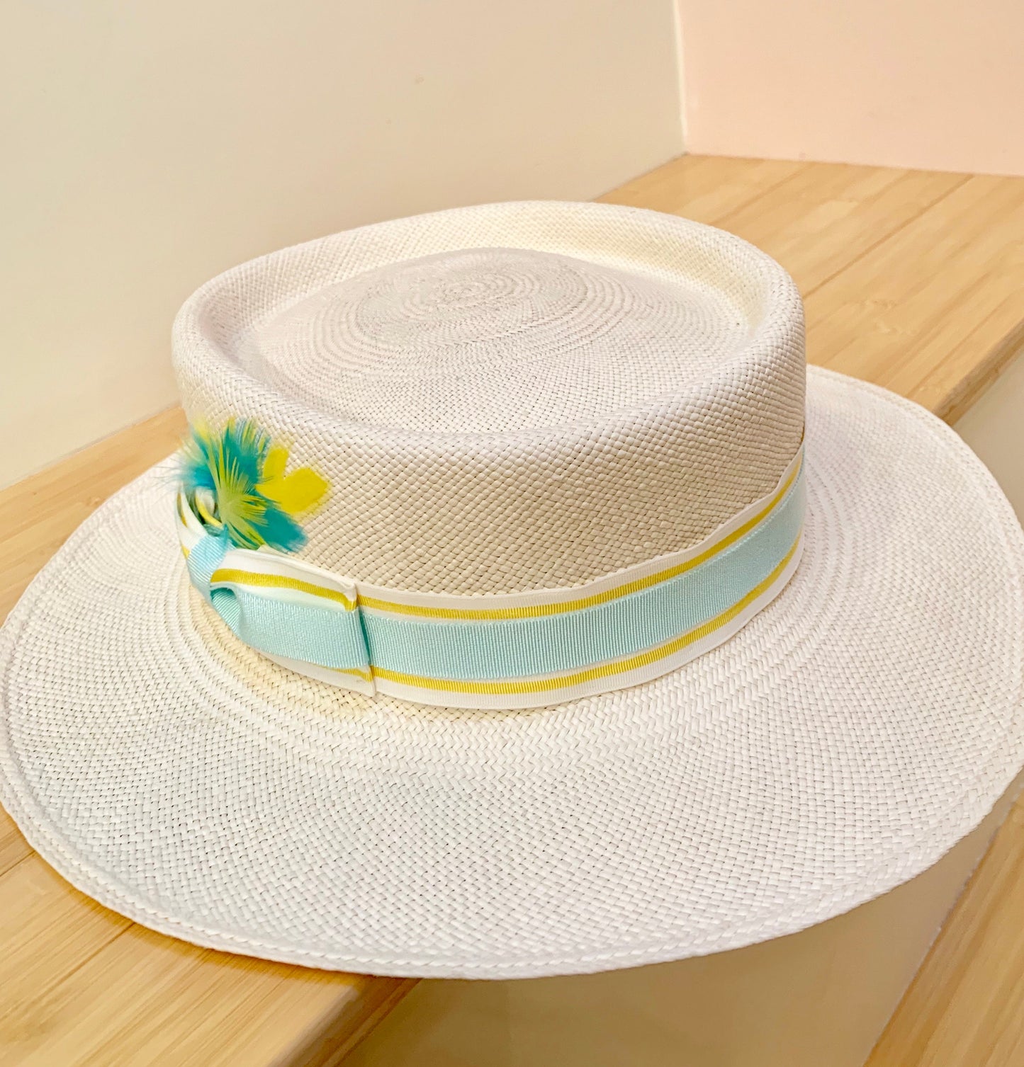 Equidorian Straw Pork Pie Hat- Unisex- Summer hat-Race Track Hat-Men’s Hat- Yellow and Turquoise trim hat-22.5” to 23”-Hat-Custom Made Hat !