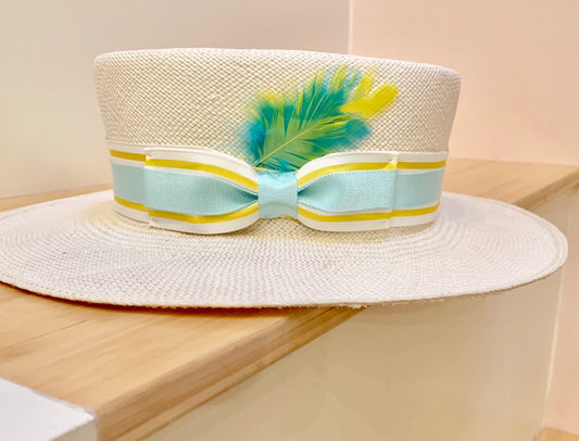 CUSTOM ORDERS ONLY - Equidorian Straw Pork Pie Hat- Unisex- Summer hat-Race Track Hat-Men’s Hat- Yellow and Turquoise trim hat-22.5” to 23”-Hat-Custom Made Hat !