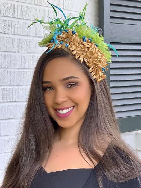 Spring-Summer Fascinator! Bright green-turquoise flowers with natural vintage braided straw trim-turquoise beads-racetrack-party-wedding-hat