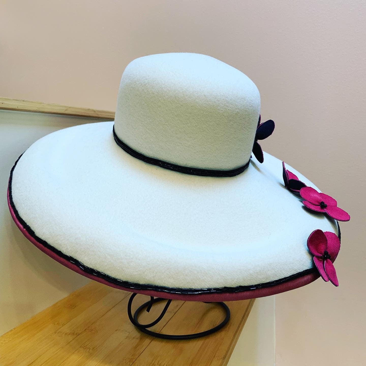 White Wide Brim Velour Hat-Hand made Pink leather flowers-Wedding-Polo-Racetrack Hat-Custom Made Hat-White Hat-Unique Hat-Pink-Garden Party