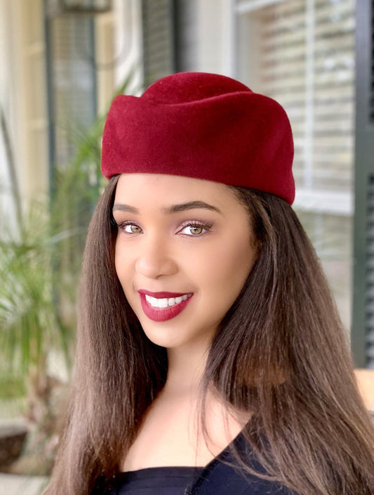 Carmine Red Hat-Pillbox-Sculptural Hat- Valentine’s Day-Winter Race Track Hat- Wedding-Polo Hat-Custom Hat-couture Hat-Red Hat-Christmas Hat