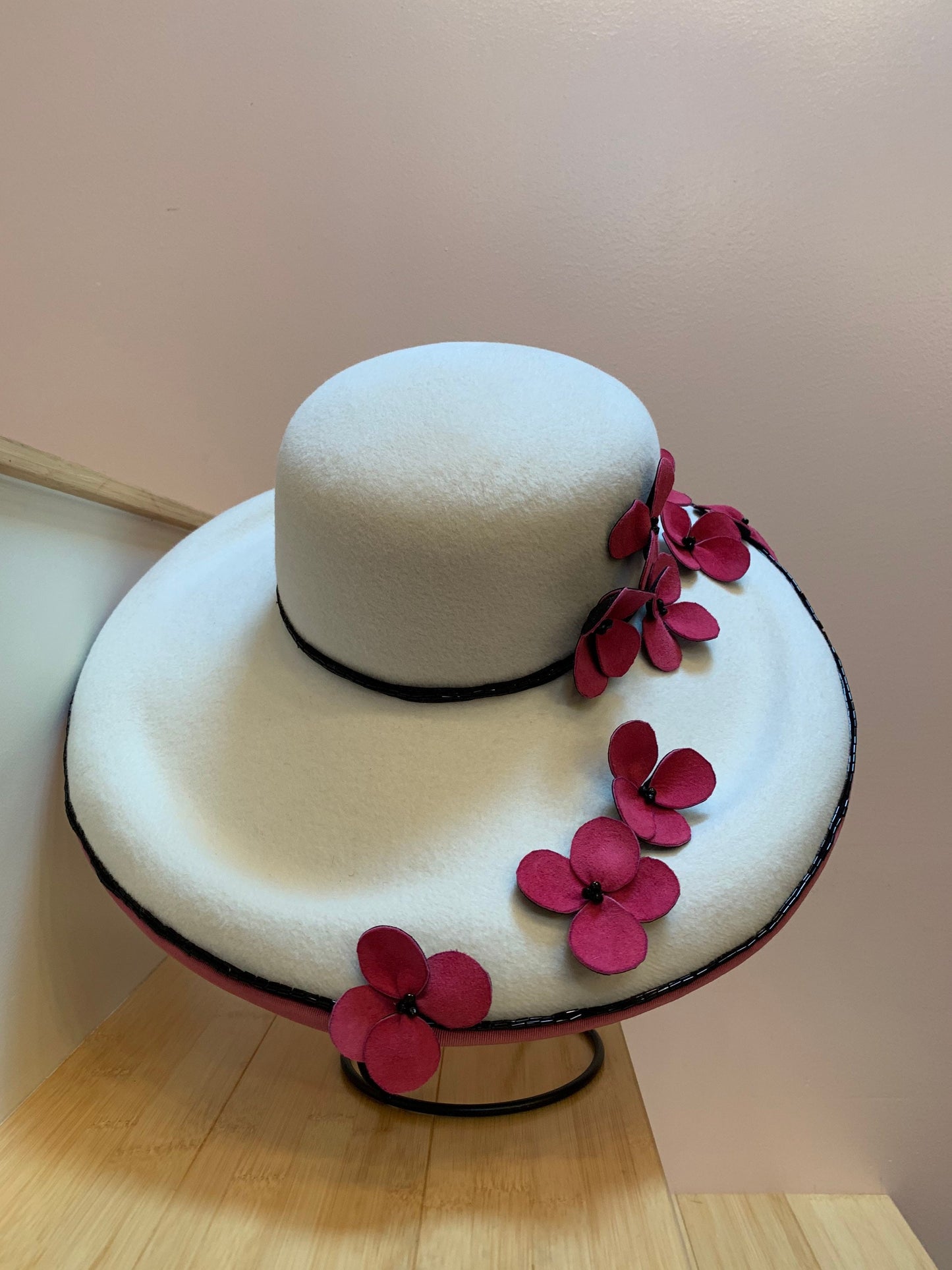 White Wide Brim Velour Hat-Hand made Pink leather flowers-Wedding-Polo-Racetrack Hat-Custom Made Hat-White Hat-Unique Hat-Pink-Garden Party