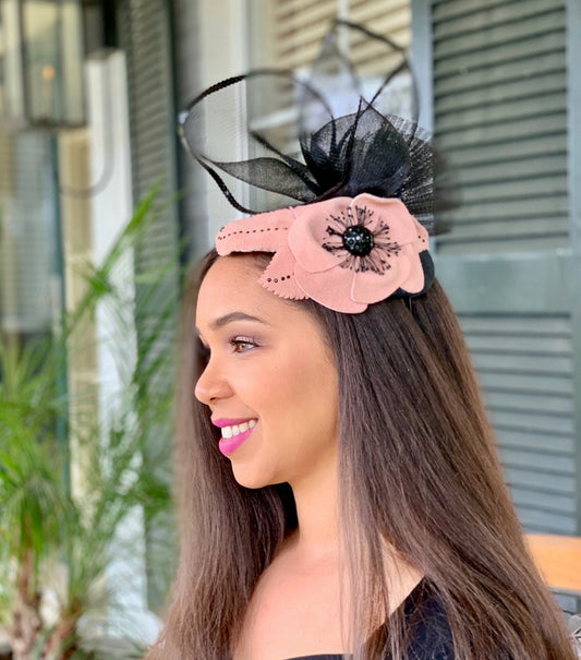 Fascinators for wedding, Pink Suede Fascinator, Black and Marsala headpiece. Mother of the Bride hat. Winter wedding headpiece in suede