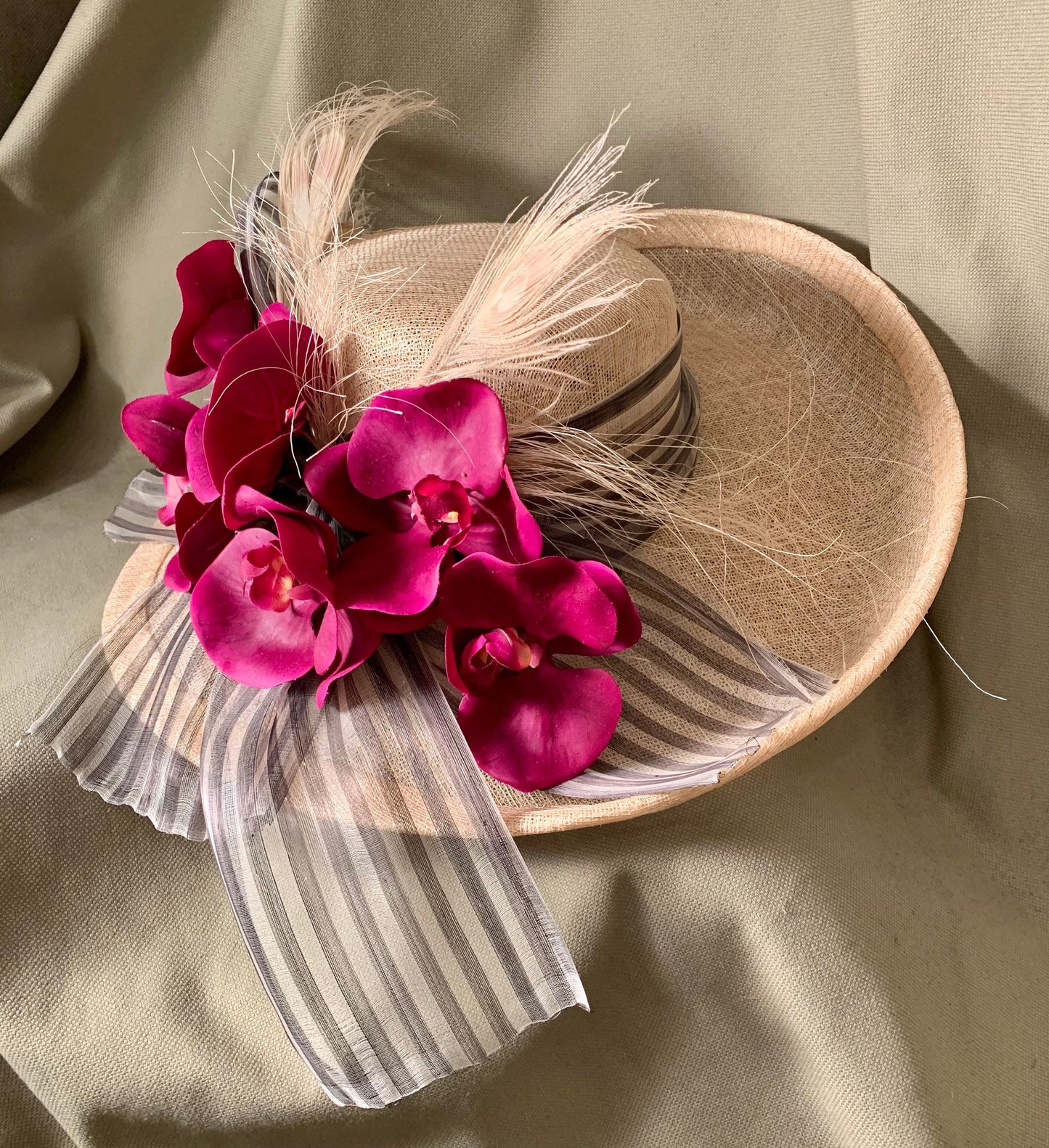 Kentucky Derby Winner ! Ivory sinamay-Violet Orchids and black white striped organza ribbon. Polo-Preakness-Belmont-Ascot- Saratoga Race Hat