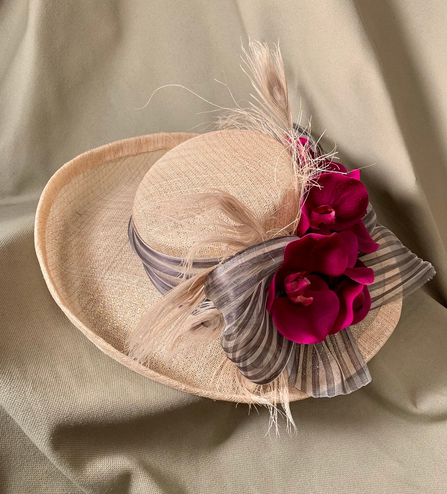 Kentucky Derby Winner ! Ivory sinamay-Violet Orchids and black white striped organza ribbon. Polo-Preakness-Belmont-Ascot- Saratoga Race Hat