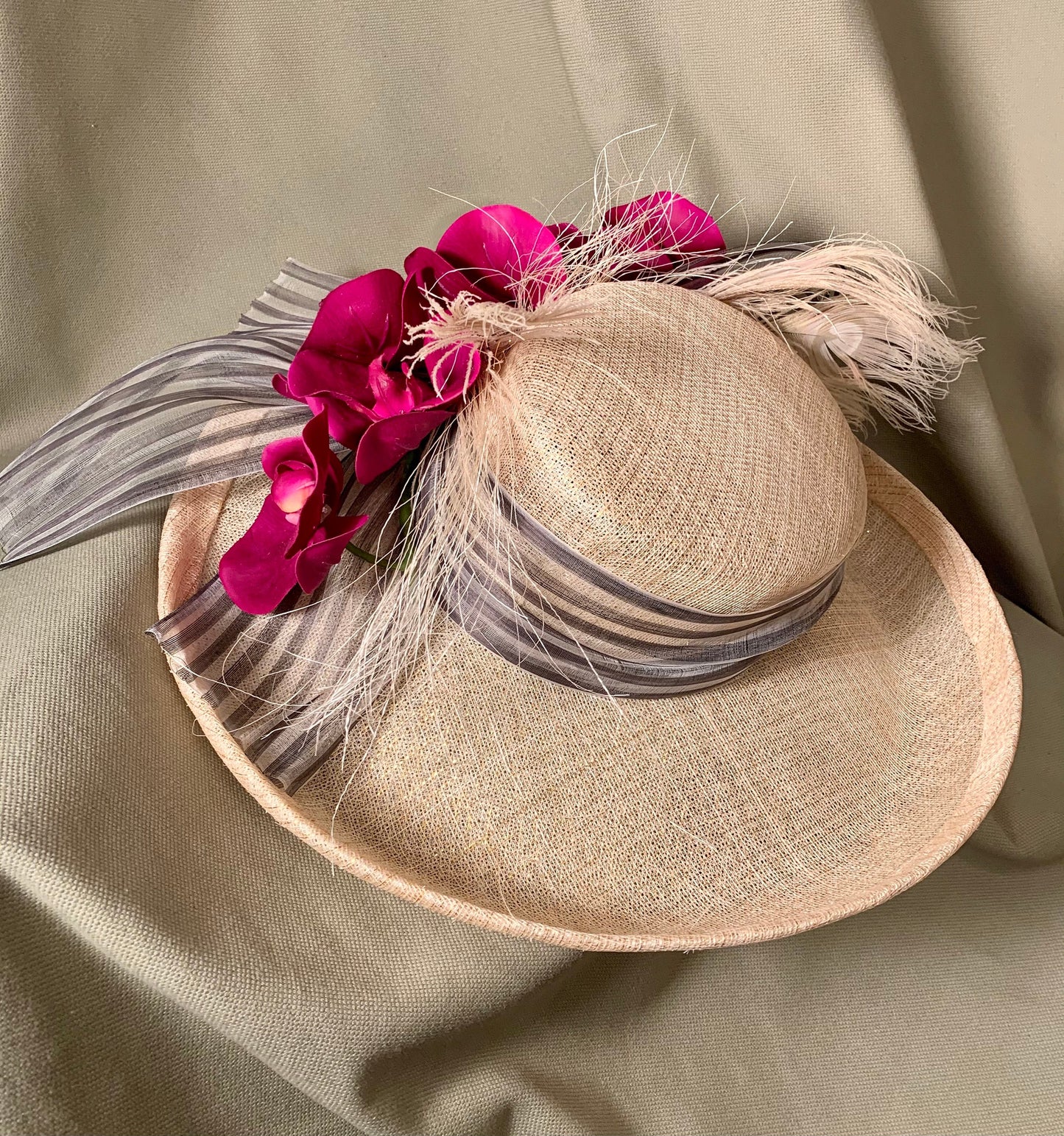 Kentucky Derby Winner ! Ivory sinamay-Violet Orchids and black white striped organza ribbon. Polo-Preakness-Belmont-Ascot- Saratoga Race Hat