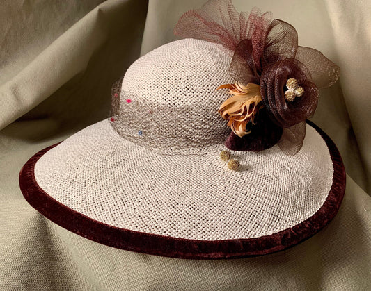 Ivory straw wide brim hat- Brown trim of feathers and netting-Vintage veiling on band-Kentucky Derby-Polo-Ascot-Belmont-Preakness Race Hats