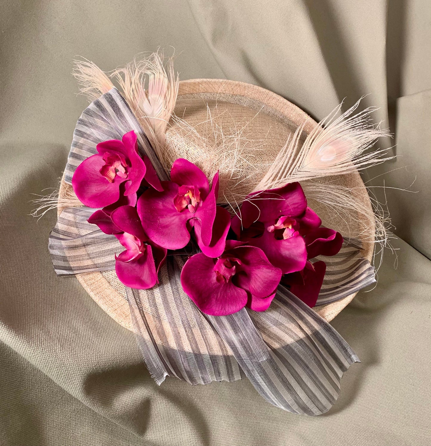 Kentucky Derby Winner ! Ivory sinamay-Violet Orchids and black white striped organza ribbon. Polo-Preakness-Belmont-Ascot- Saratoga Race Hat