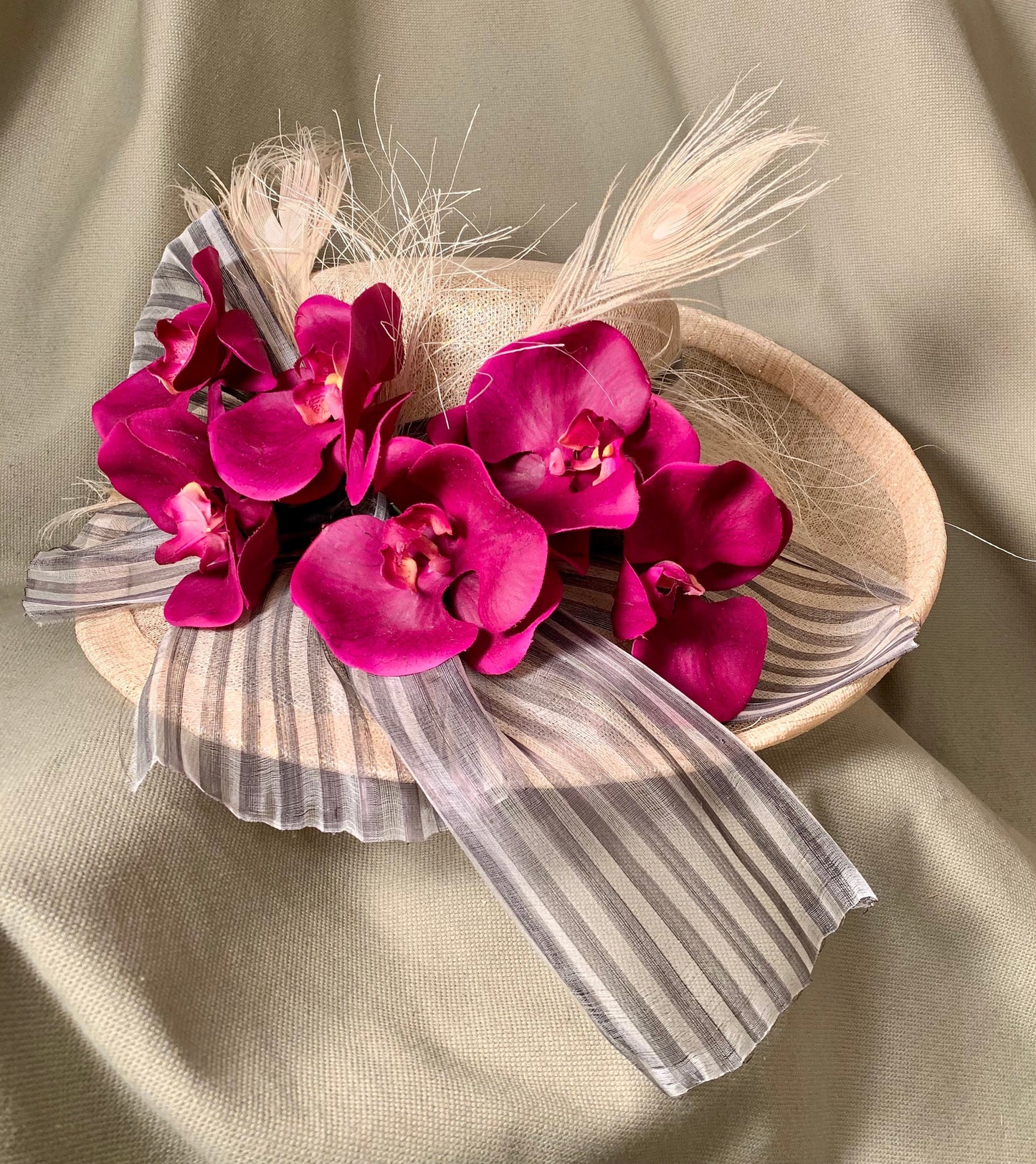 Kentucky Derby Winner ! Ivory sinamay-Violet Orchids and black white striped organza ribbon. Polo-Preakness-Belmont-Ascot- Saratoga Race Hat