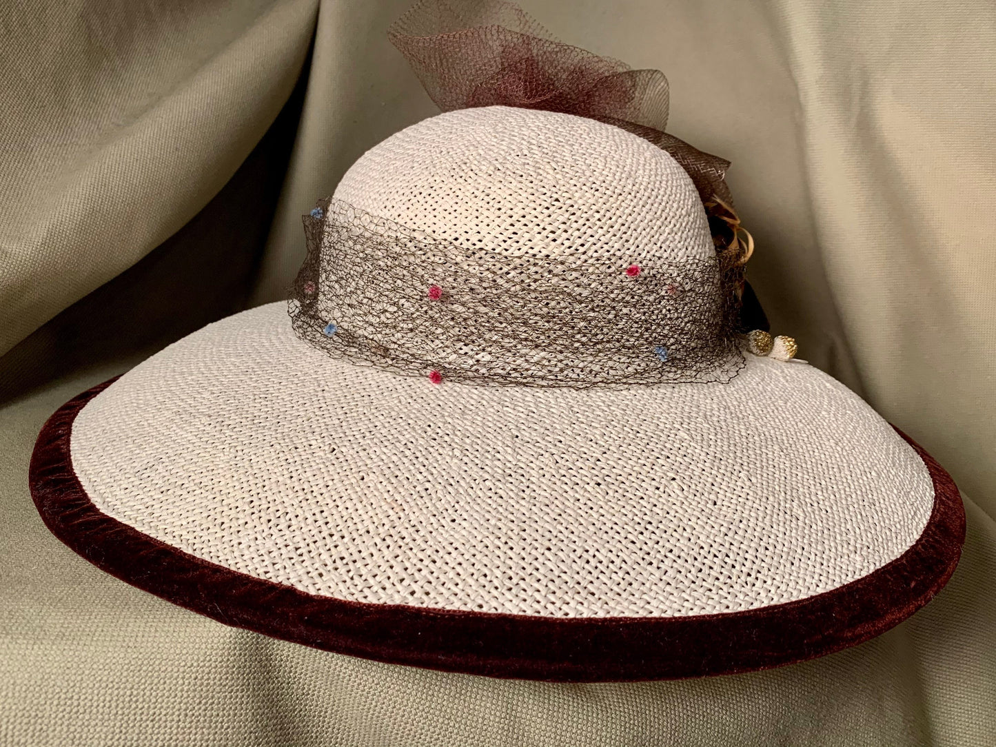 Ivory straw wide brim hat- Brown trim of feathers and netting-Vintage veiling on band-Kentucky Derby-Polo-Ascot-Belmont-Preakness Race Hats