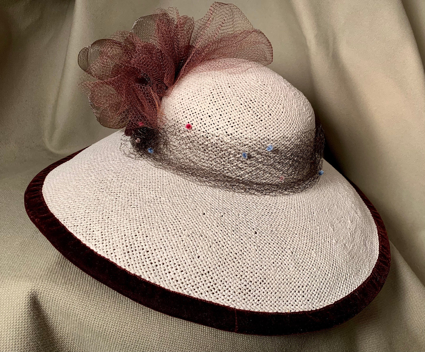 Ivory straw wide brim hat- Brown trim of feathers and netting-Vintage veiling on band-Kentucky Derby-Polo-Ascot-Belmont-Preakness Race Hats