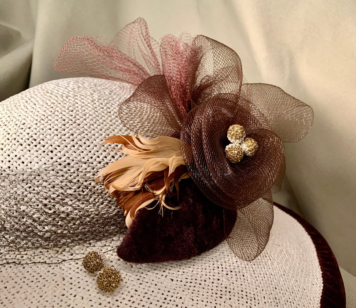 Ivory straw wide brim hat- Brown trim of feathers and netting-Vintage veiling on band-Kentucky Derby-Polo-Ascot-Belmont-Preakness Race Hats