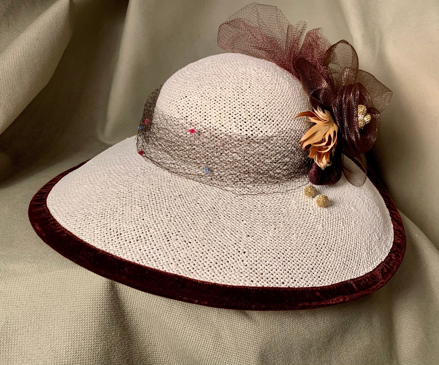 Ivory straw wide brim hat- Brown trim of feathers and netting-Vintage veiling on band-Kentucky Derby-Polo-Ascot-Belmont-Preakness Race Hats