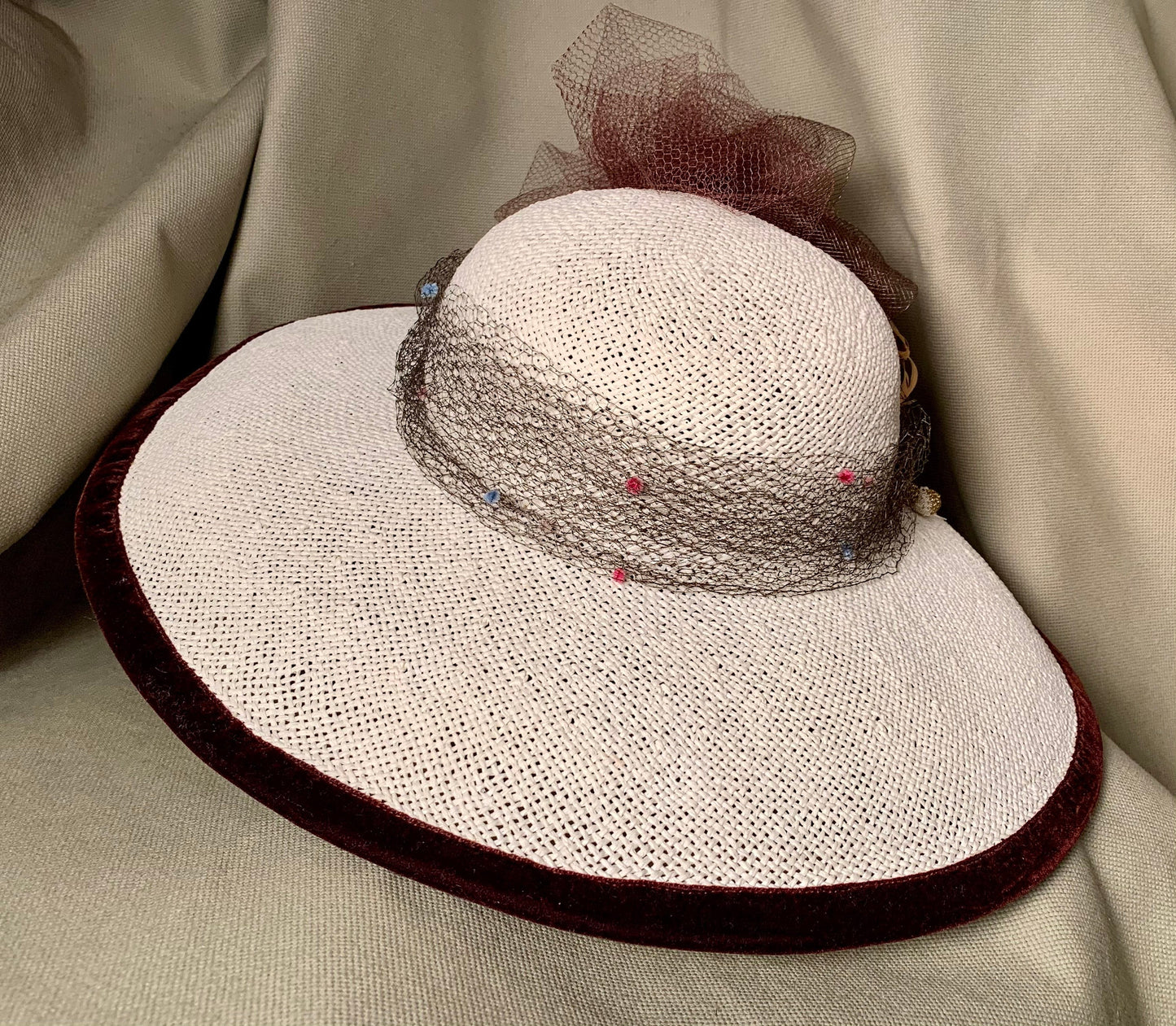 Ivory straw wide brim hat- Brown trim of feathers and netting-Vintage veiling on band-Kentucky Derby-Polo-Ascot-Belmont-Preakness Race Hats