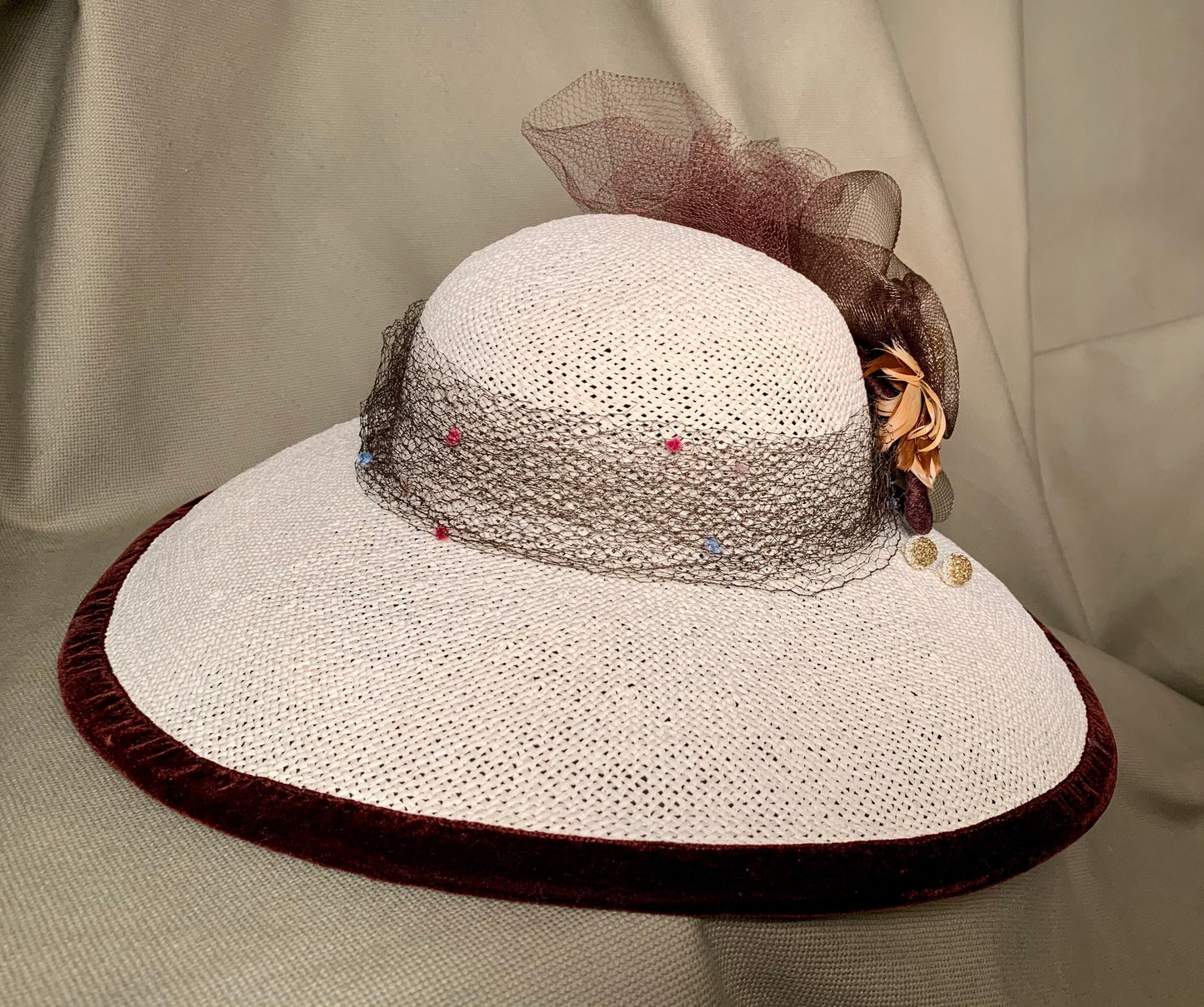 Ivory straw wide brim hat- Brown trim of feathers and netting-Vintage veiling on band-Kentucky Derby-Polo-Ascot-Belmont-Preakness Race Hats