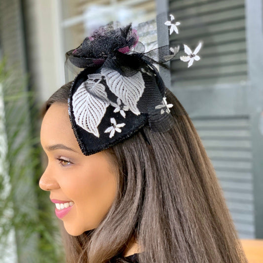 Cocktail Hat-Black Lace-White Lace-Race Track Hat-Black Crinoline-Polo Hat-Black Suede Fascinator-Evening Hat
