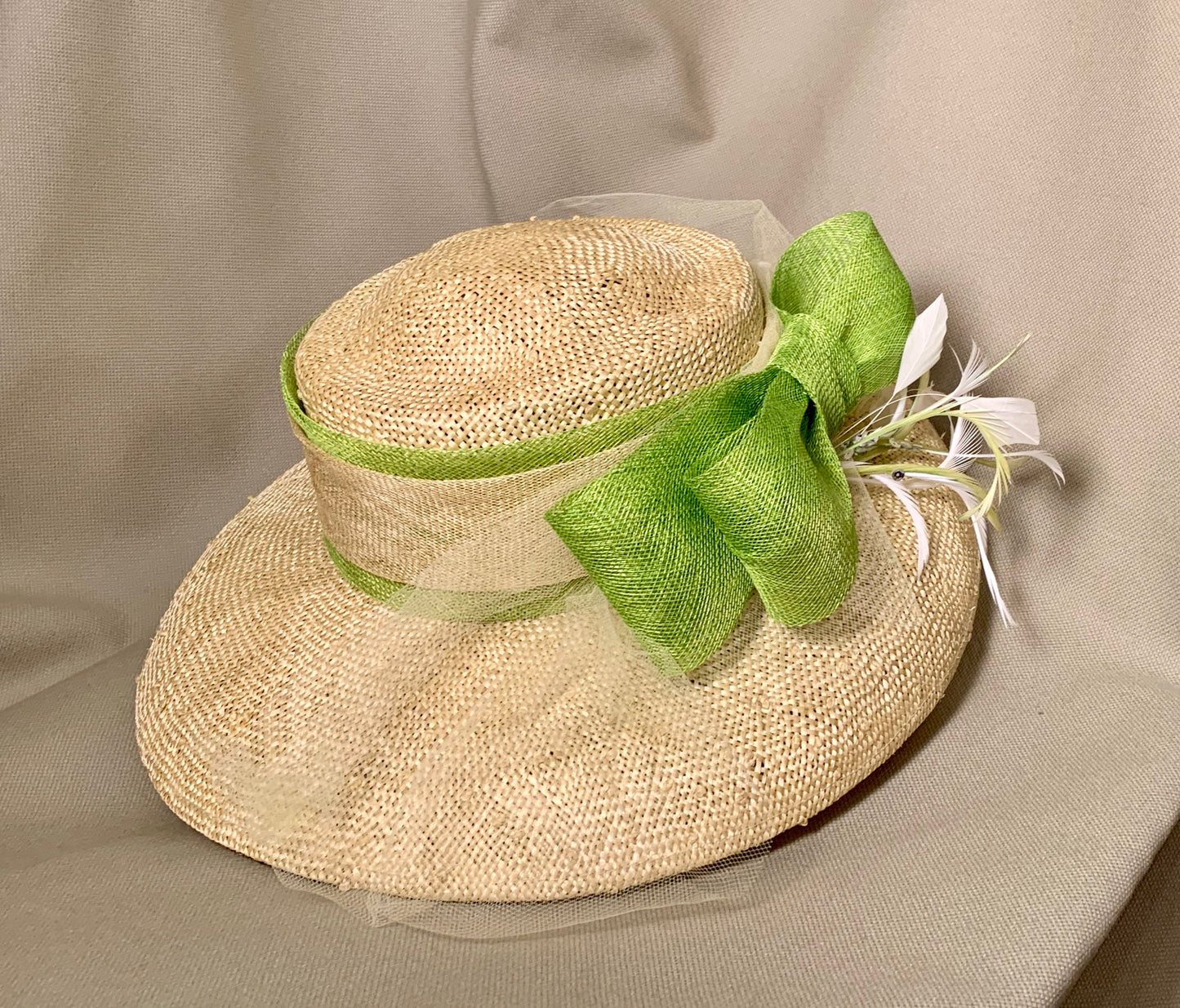 Natural knitted straw with Green Bow and white feathers-Church hat-Kentucky Derby-Polo-Garden Party- Luncheon-Wedding