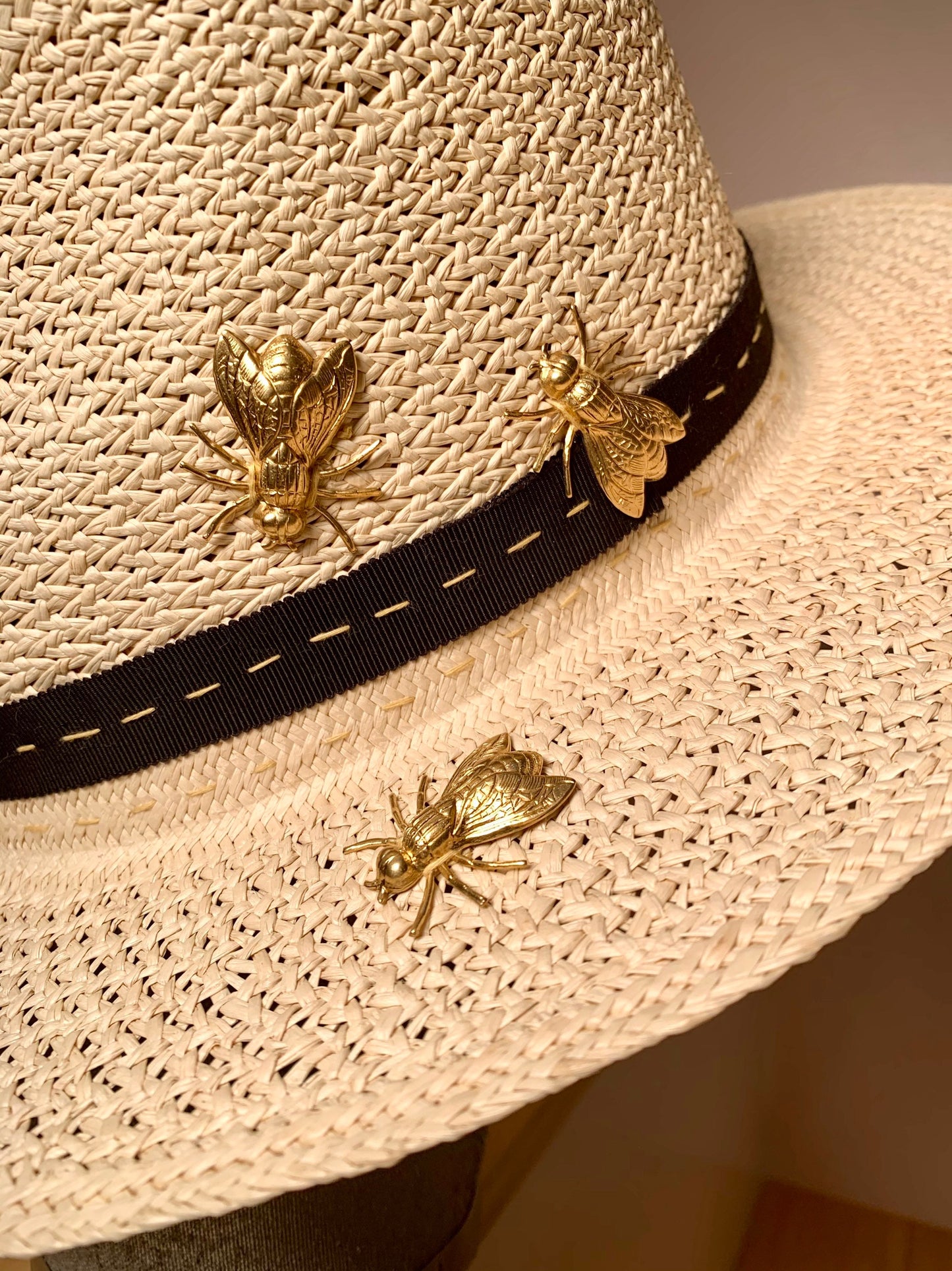 Natural Straw Fedora-Gold Bees adornments-Go To Hat-Summer Fedora-Everyday Hat-Unisex Hat-Travel Hat-Custom Made Straw Fedora-Straw Hat