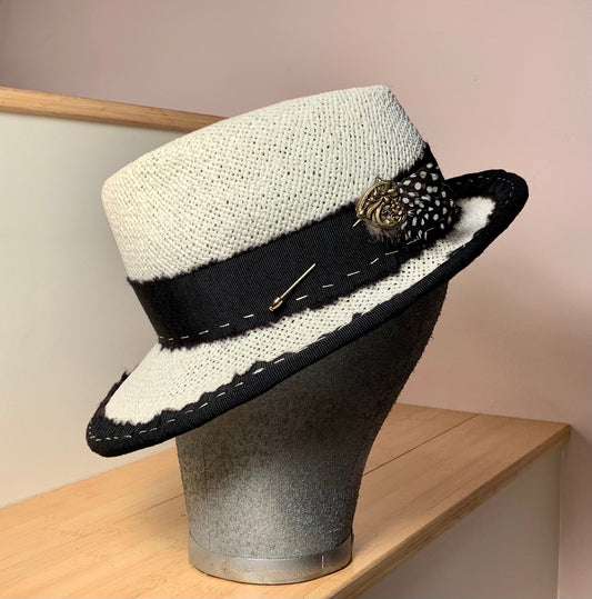Black and white Fedora with Pin and guinea feathers!