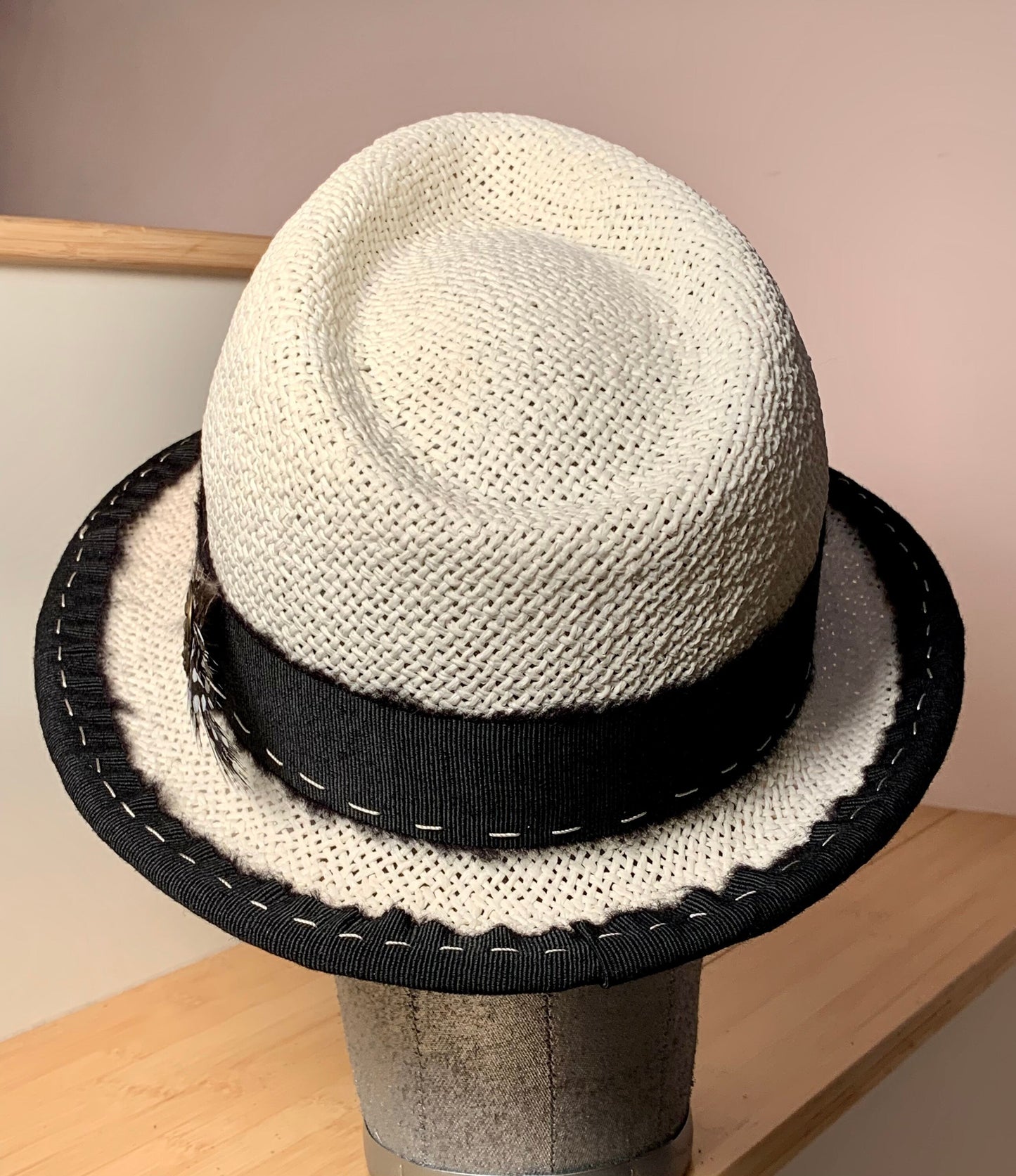 Black and white Fedora with Pin and guinea feathers!