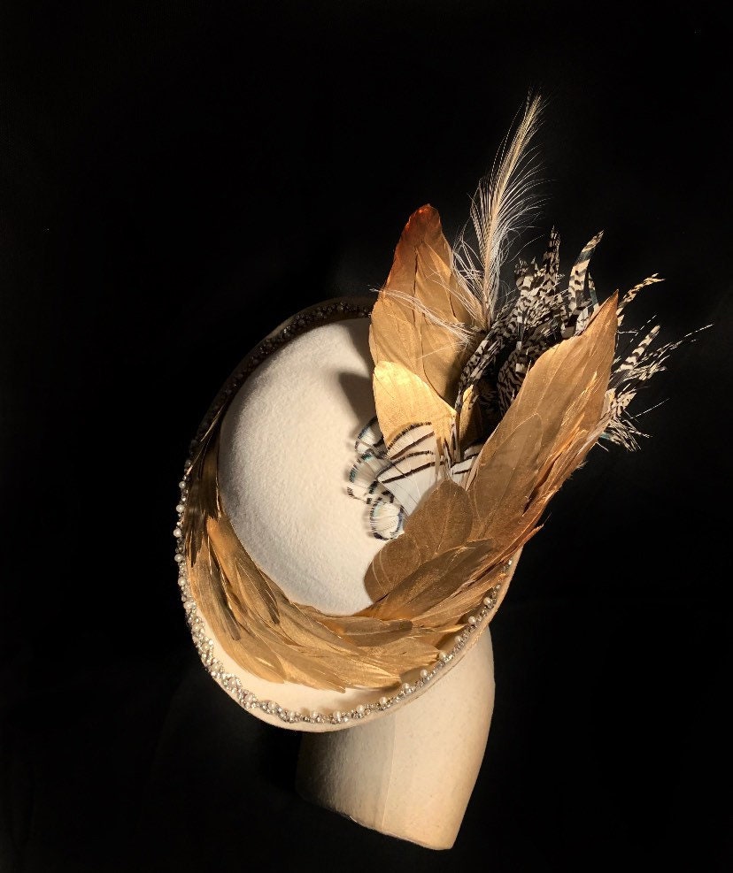 Great Gatsby! Luscious ivory velour cloche, gilded gold feathers, rhinestone and pearls, ostrich, Lady Amherst Pheasant and peacock feathers