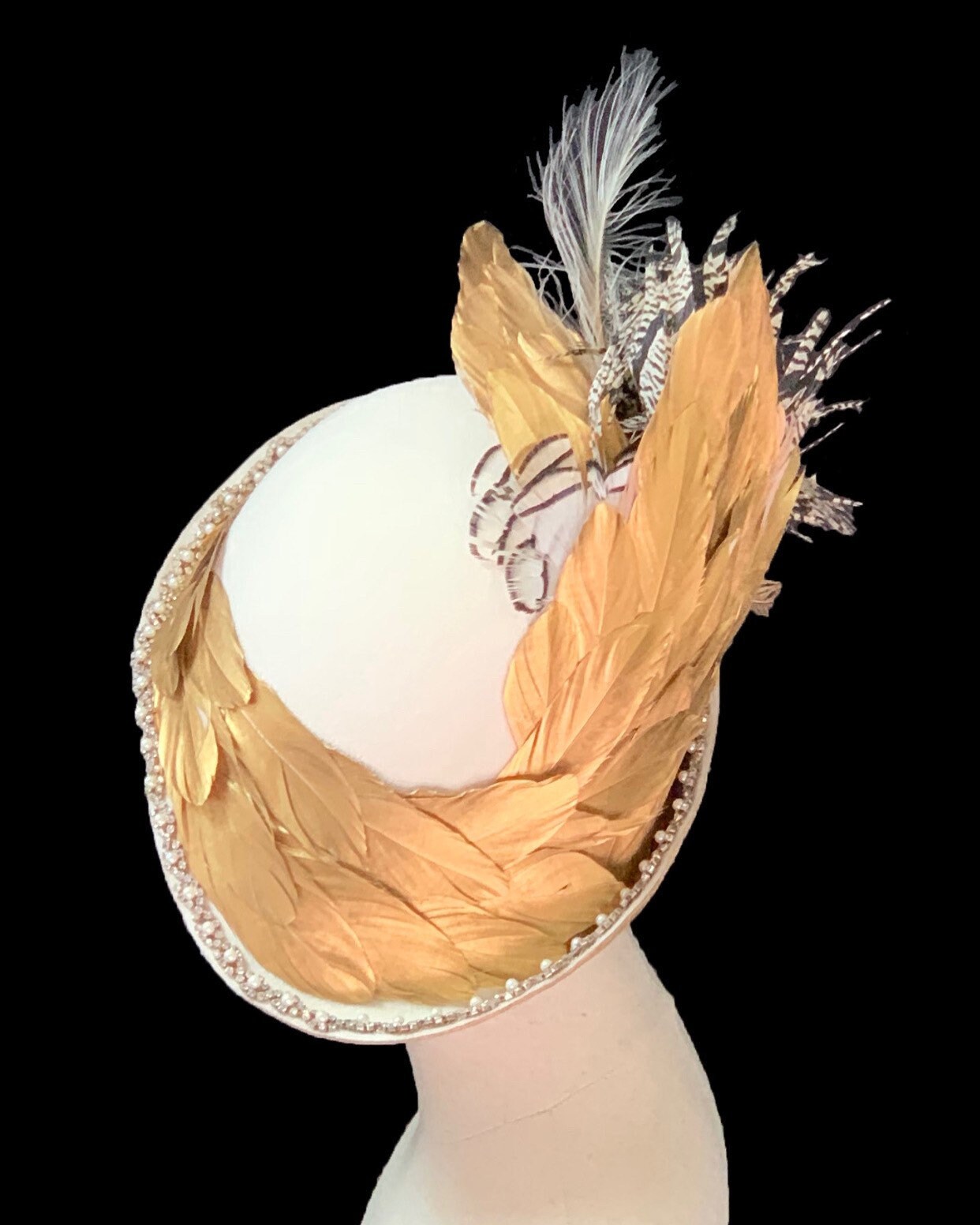 Great Gatsby! Luscious ivory velour cloche, gilded gold feathers, rhinestone and pearls, ostrich, Lady Amherst Pheasant and peacock feathers