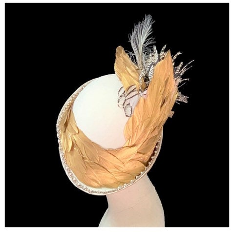 Great Gatsby! Luscious ivory velour cloche, gilded gold feathers, rhinestone and pearls, ostrich, Lady Amherst Pheasant and peacock feathers