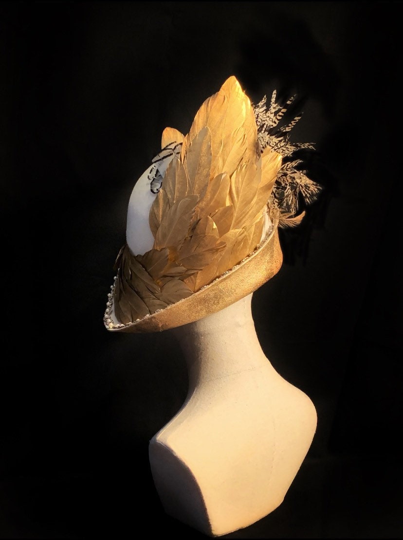 Great Gatsby! Luscious ivory velour cloche, gilded gold feathers, rhinestone and pearls, ostrich, Lady Amherst Pheasant and peacock feathers