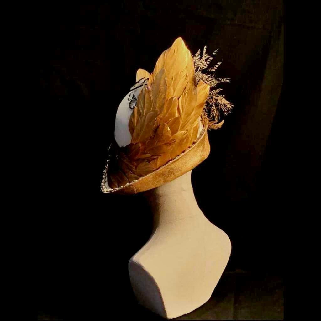 Great Gatsby! Luscious ivory velour cloche, gilded gold feathers, rhinestone and pearls, ostrich, Lady Amherst Pheasant and peacock feathers