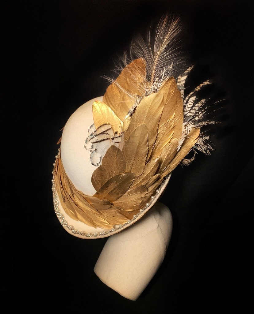 Great Gatsby! Luscious ivory velour cloche, gilded gold feathers, rhinestone and pearls, ostrich, Lady Amherst Pheasant and peacock feathers