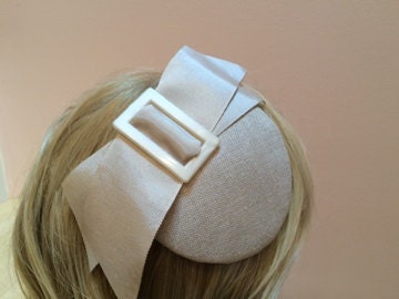 CUSTOM ORDERS ONLY - Beige Fascinator, Linen Wedding fascinator, small beige, ivory headpiece with Ivory Buckle. Brides maids headpiece or Brides headpiece.