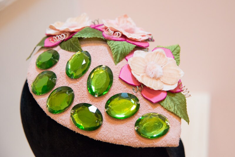 Jeweled Suede Fascinator, Suede Fascinator, Pink Bridesmaid, Cocktail hat-Cocktail Party-Summer Party Hat-Ascot Races-Kentucky Derby-Evening