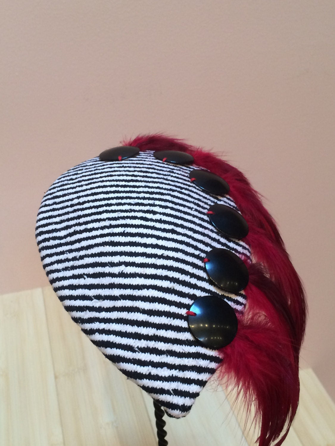 Black and White striped Fascinator, Hat with deep Red feather Trim, Holiday Fascinator or Derby Race Hat-Christmas hat-Wedding headpiece-Red