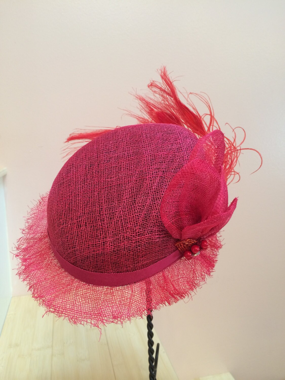 Red Sinamay hat, Brides maids hat, Resort wear hat, Church hat or Derby Race Hat. Royal Ascot-Kentucky Derby-Wedding-Red Straw Flirty hat