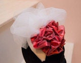 Ivory Linen Fascinator, Headpiece with Ivory tulle and red metallic trim-Summer Cocktail Party-Brides Maids- Kentucky Derby-Races Hat-Bridal