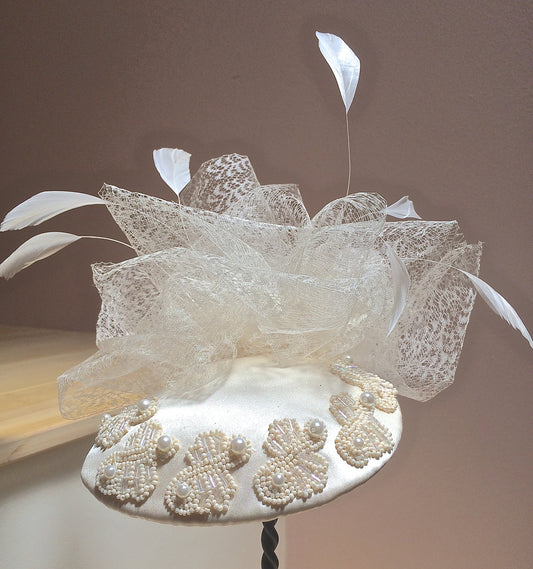 Ivory Satin Fascinator with Beaded Pearls, Wedding Headpiece, Bridal headdress in Ivory. Vintage veiling on Ivory Satin, beads and Feathers