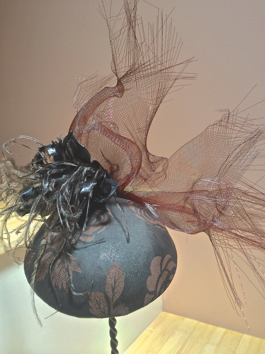 Black and tan leather fascinator, Goth headpiece, Royal Ascot hat, Race track hat-Cocktail Hat-Crinoline and Feathers-Goth Headpiece-Bespoke