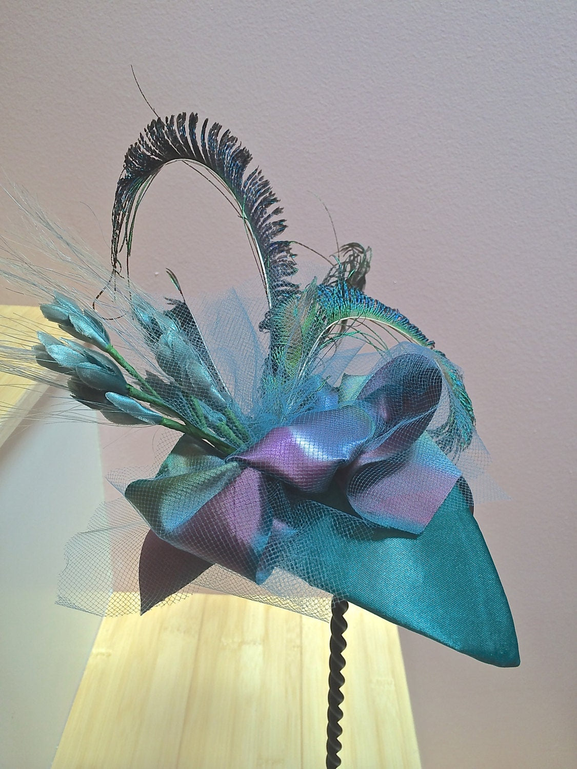 Turquoise Fascinator, Brides maids headpiece, Mother of the Bride, Summer party headpiece or Cocktail Party. Peacock swords and silk ribbon