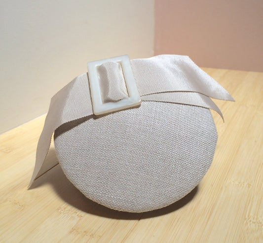 CUSTOM ORDERS ONLY - Beige Fascinator, Linen Wedding fascinator, small beige, ivory headpiece with Ivory Buckle. Brides maids headpiece or Brides headpiece.