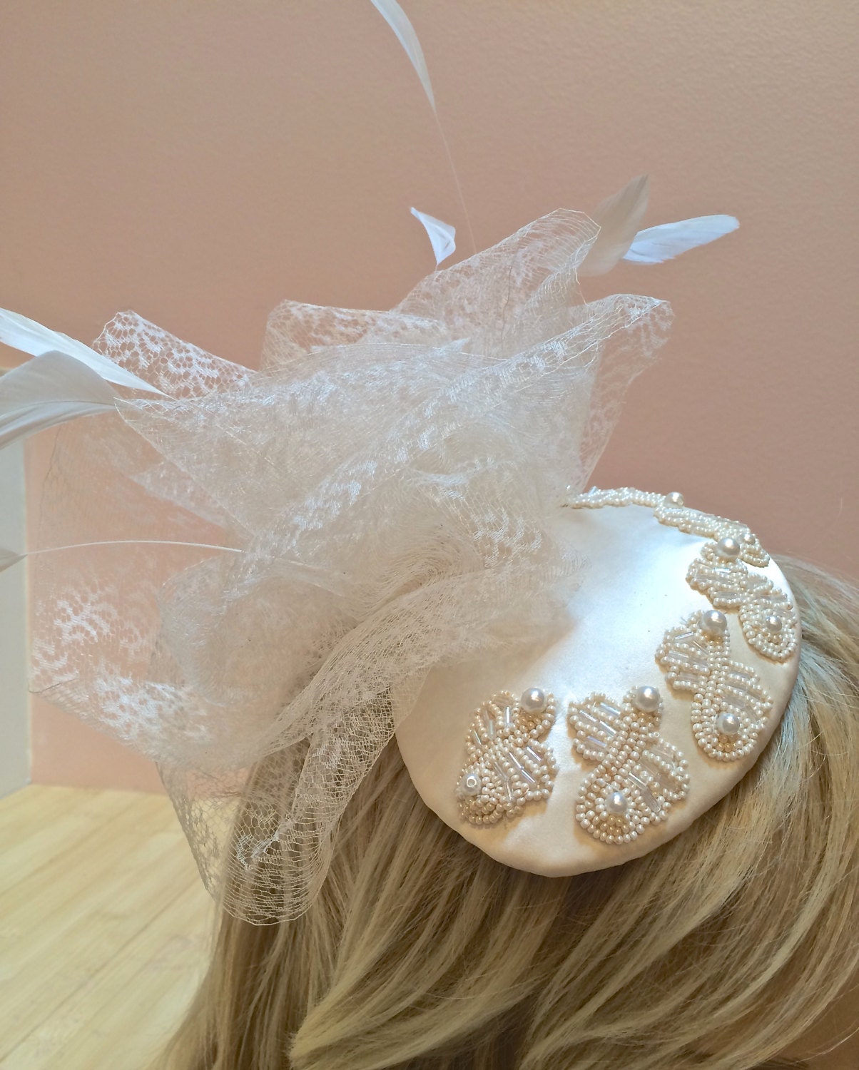 Ivory Satin Fascinator with Beaded Pearls, Wedding Headpiece, Bridal headdress in Ivory. Vintage veiling on Ivory Satin, beads and Feathers