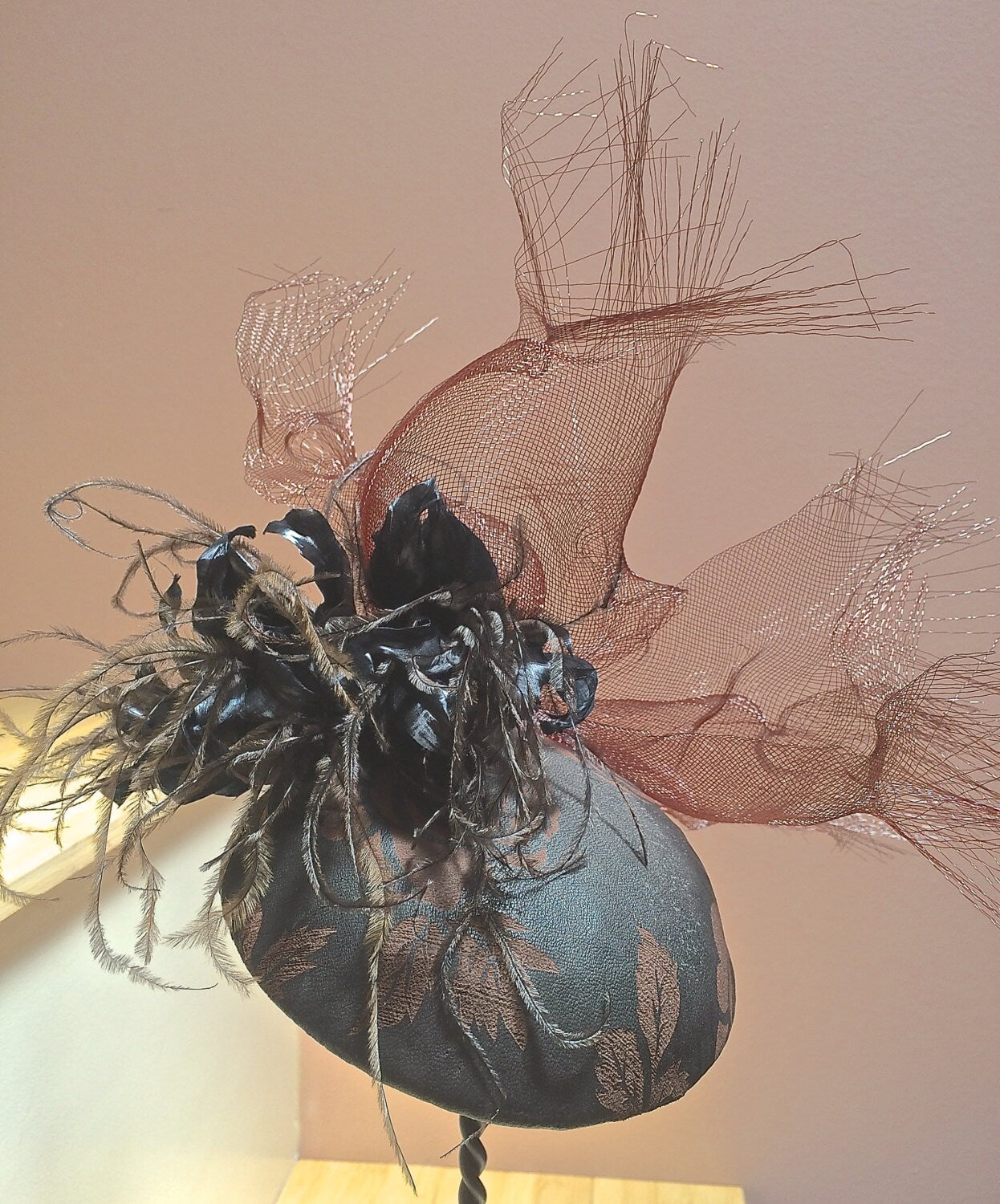 Black and tan leather fascinator, Goth headpiece, Royal Ascot hat, Race track hat-Cocktail Hat-Crinoline and Feathers-Goth Headpiece-Bespoke