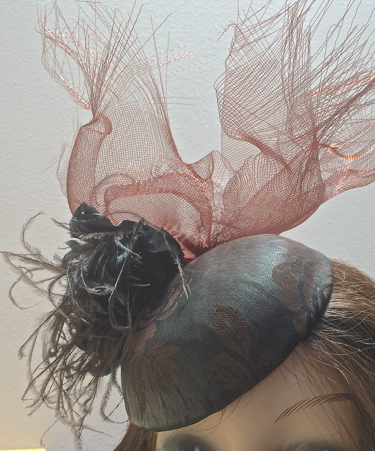 Black and tan leather fascinator, Goth headpiece, Royal Ascot hat, Race track hat-Cocktail Hat-Crinoline and Feathers-Goth Headpiece-Bespoke