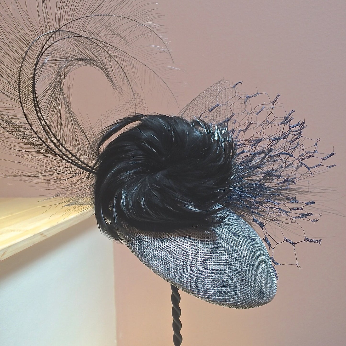 CUSTOM ORDERS ONLY - Silver sinamay fascinator, headpiece with black feathers and netting, Wedding headpiece, Mother of the Bride, Brides Maids, Cocktail Party!