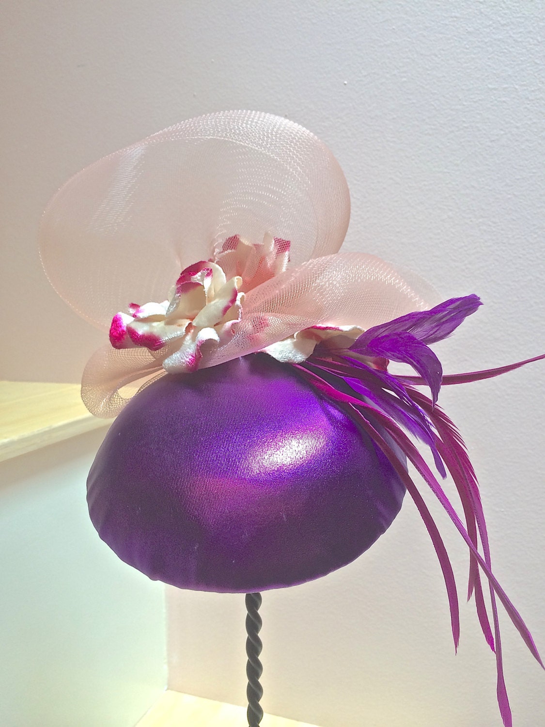 Radiant Orchid Fascinator, Purple fabric covered Fascinator with Crinoline and feathers, Wedding hat or Evening Cocktail Hat
