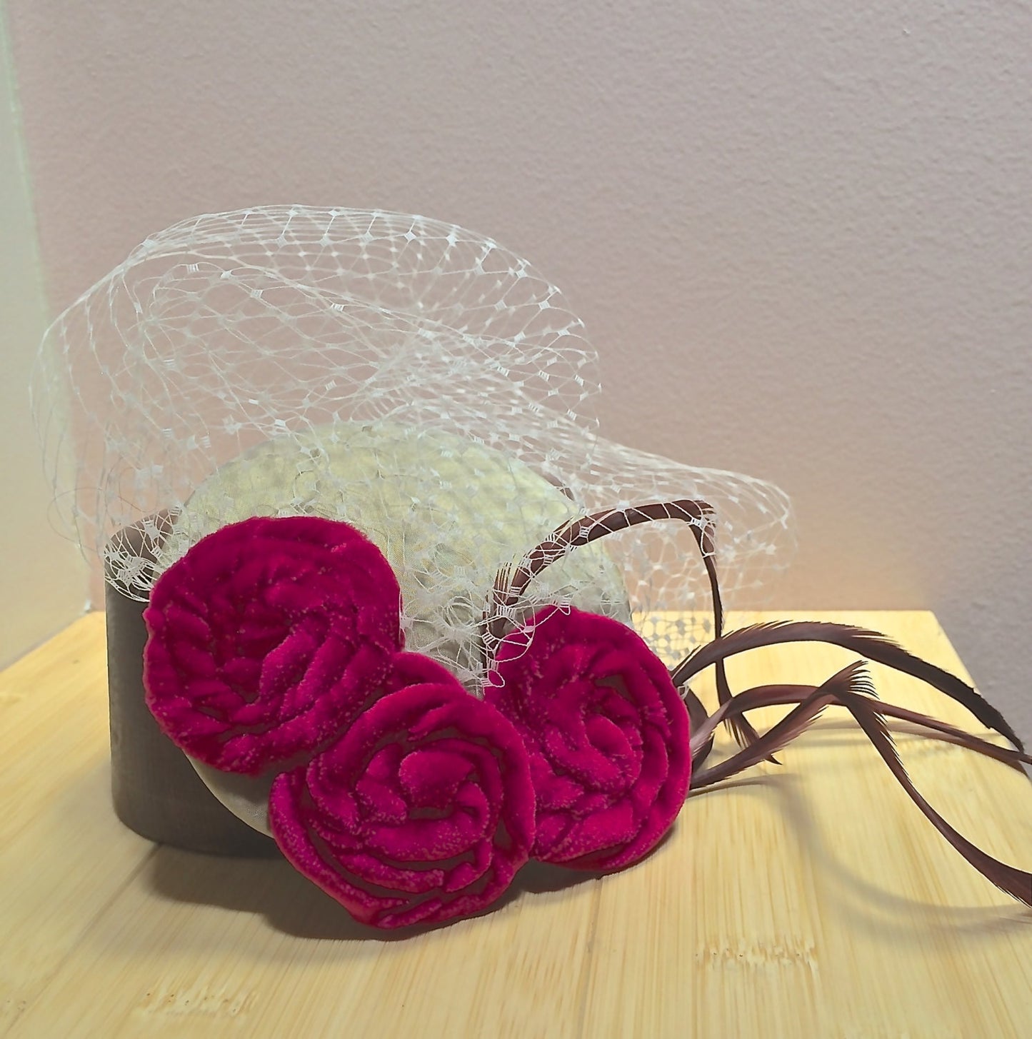 Fascinator for Wedding, Brides headpiece, Mother of the Bride, Brides Maids hat with veiling, Mini Hat, Veil, Deep rose and ivory headpiece